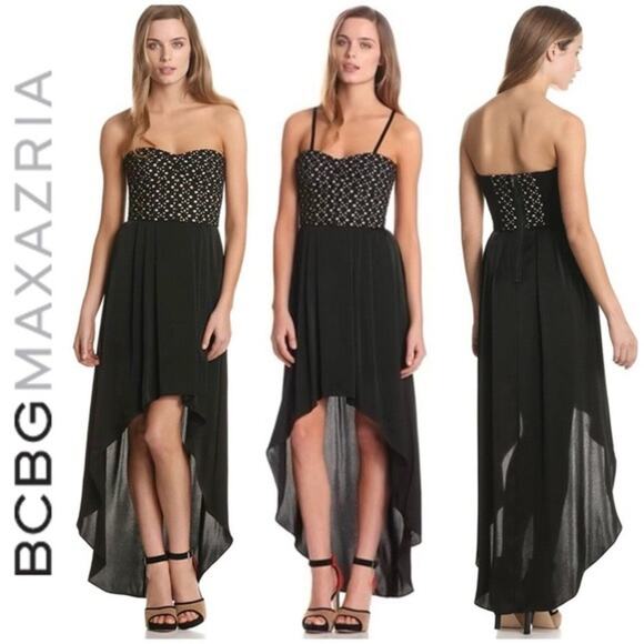 BCBG MAXAZRIA Tess Black Nude Midi High Low Hem Strapless Corset Top Size 12 - Picture 1 of 16